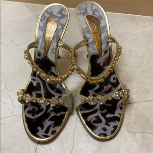 Giuseppe zanotti tan sandals gold heel & crystals